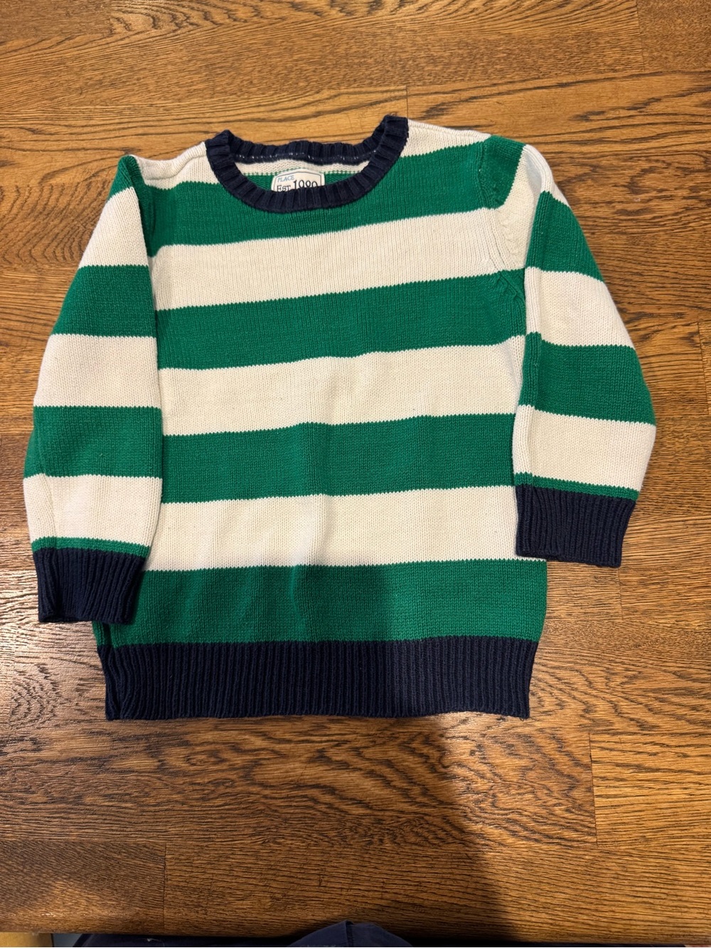 Place Green and White Striped Knit Top with Navy Trim